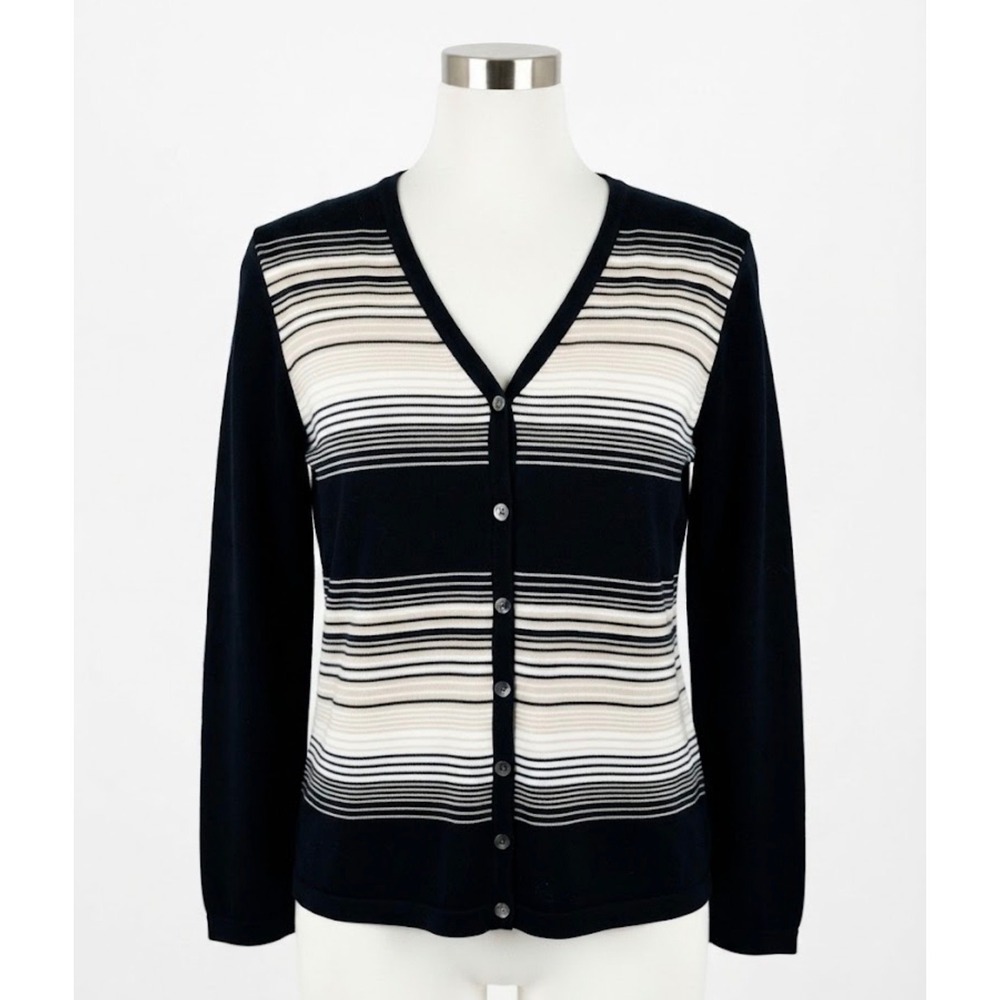 Lord & Taylor Striped V-Neck Cardigan Black Cream Cotton Blend Small Old Money